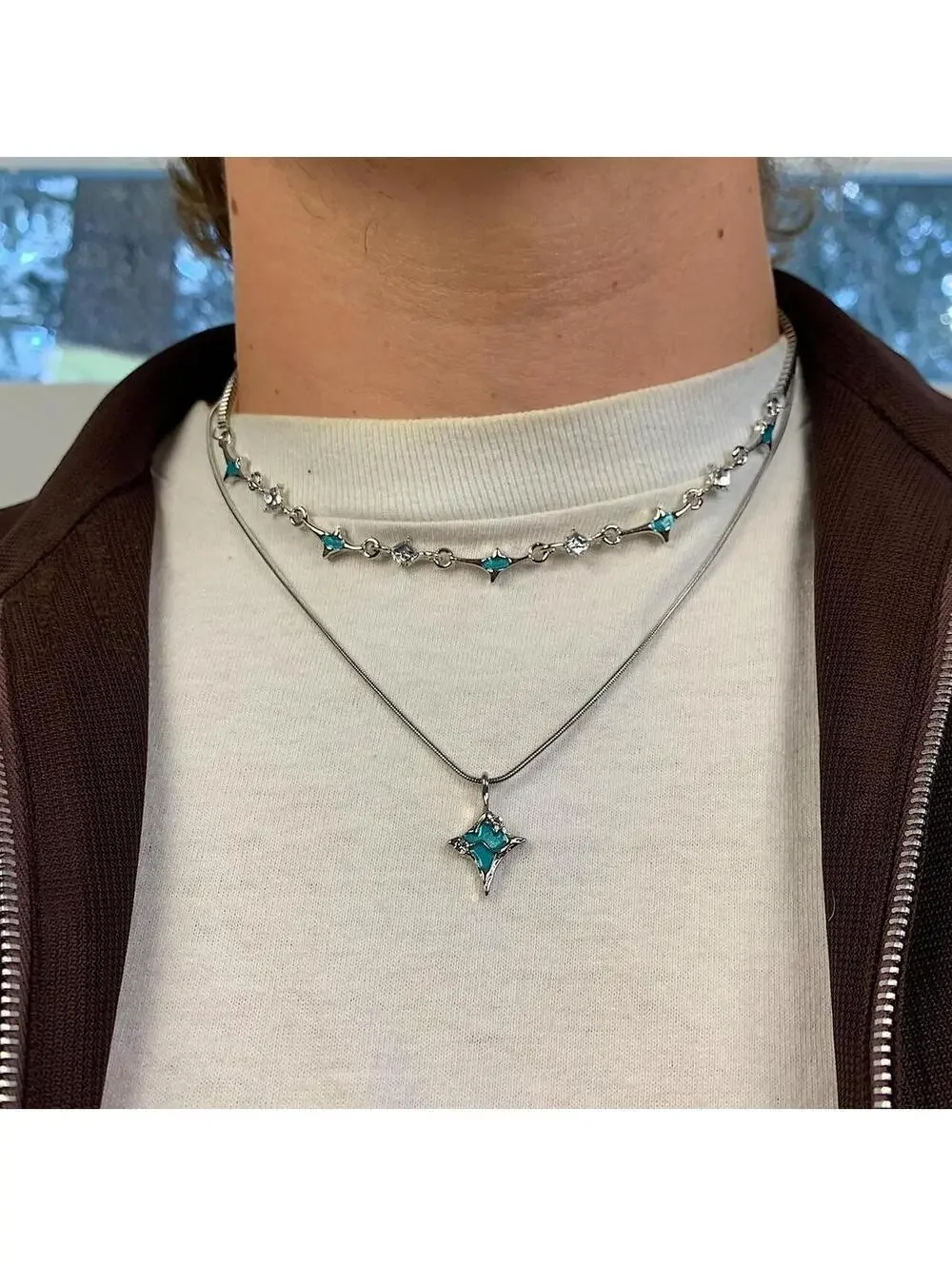 Cyber y2k 2000s style Futuristic Star pendant turquoise silver necklace. 2 neckl